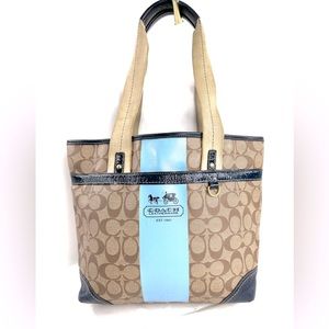 COACH Heritage 11350P Blue Stripe Tan Signature Coated Canvas Tote Shoulder Bag